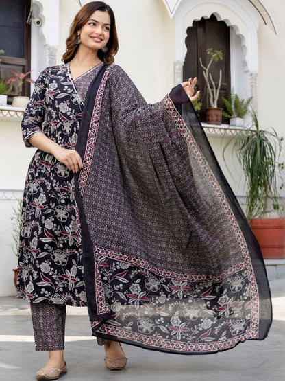 Women Floral Printed Angrakha Pure Cotton Kurta with Trousers & With Dupatta