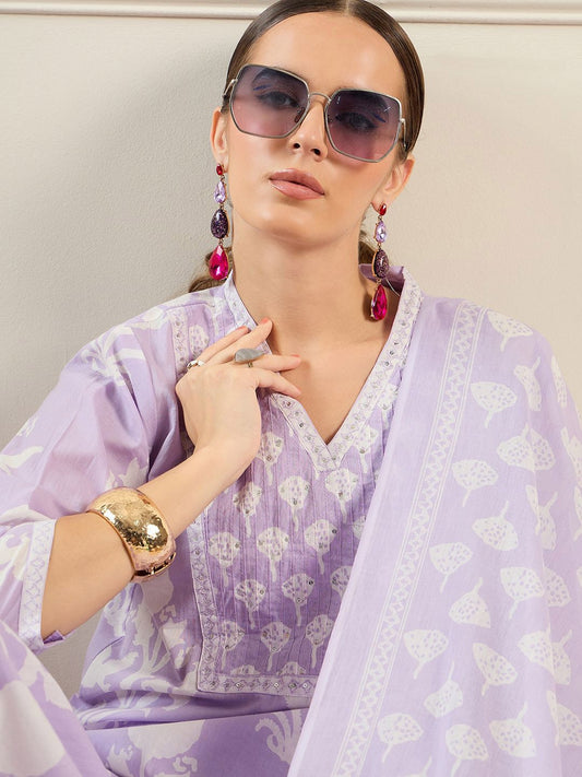 Dhiyona IE Floral Printed V-Neck Pure Cotton Straight Kurta With Trousers & Dupatta