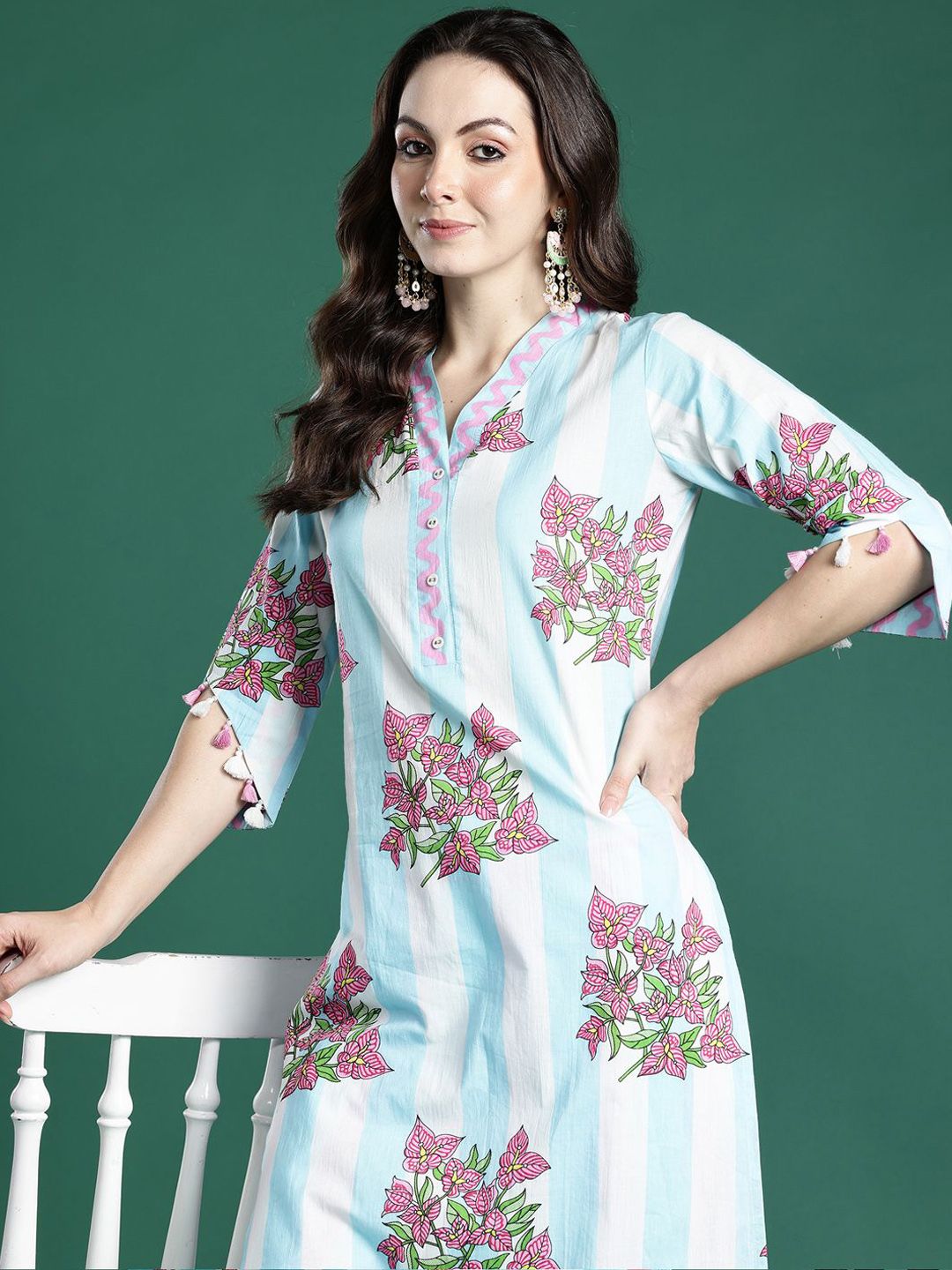 Dhiyona IE Indo era Printed Pure Cotton V Neck Top With Trousers Co-Ords Set