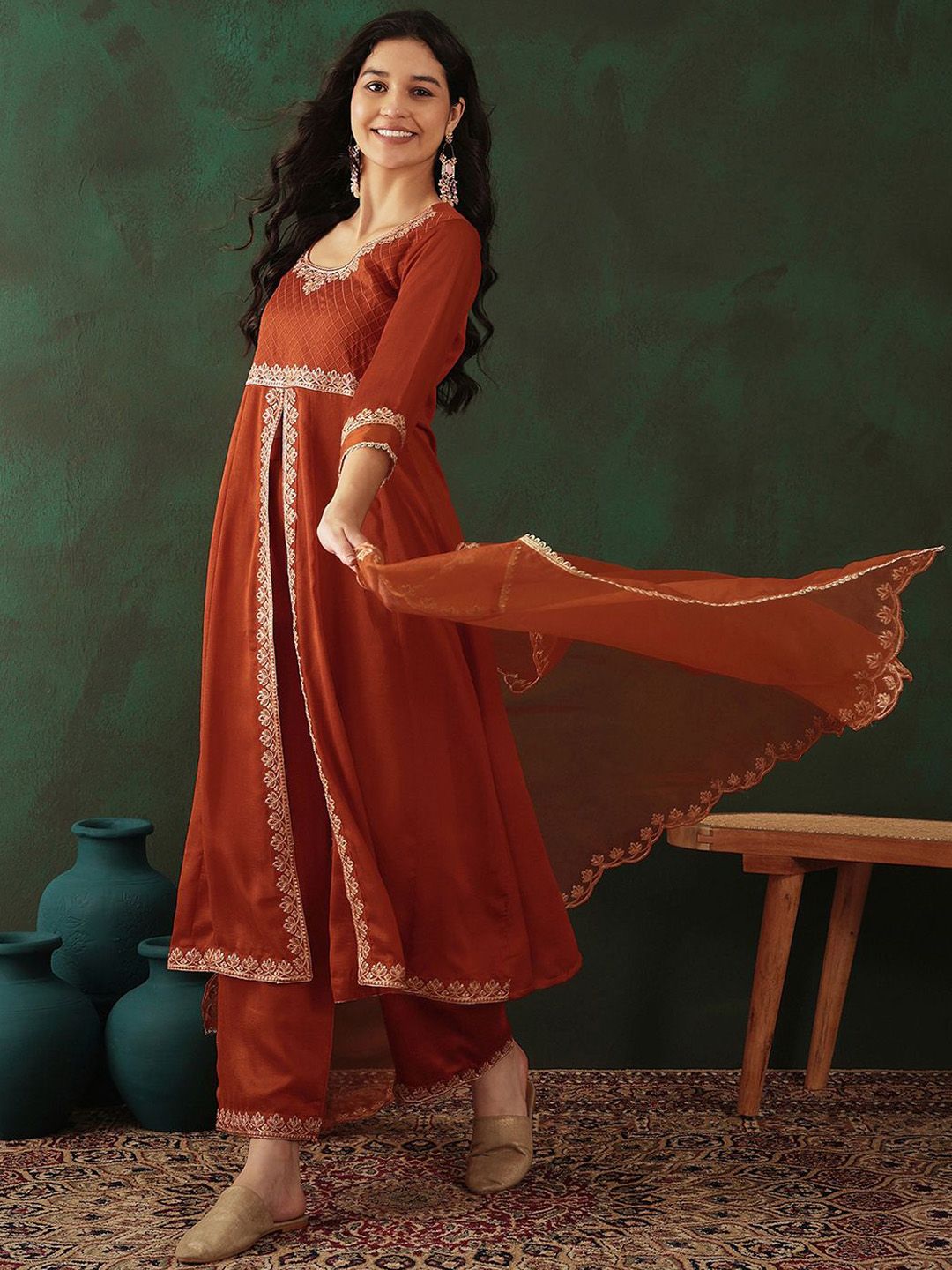 Dhiyona SN Women's Sequence Embroidered Front Slit Kurta With Trousers & Dupatta