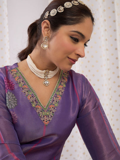 Dhiyona IE Floral Printed V-Neck Zari Straight Kurta With Trouser And Dupatta