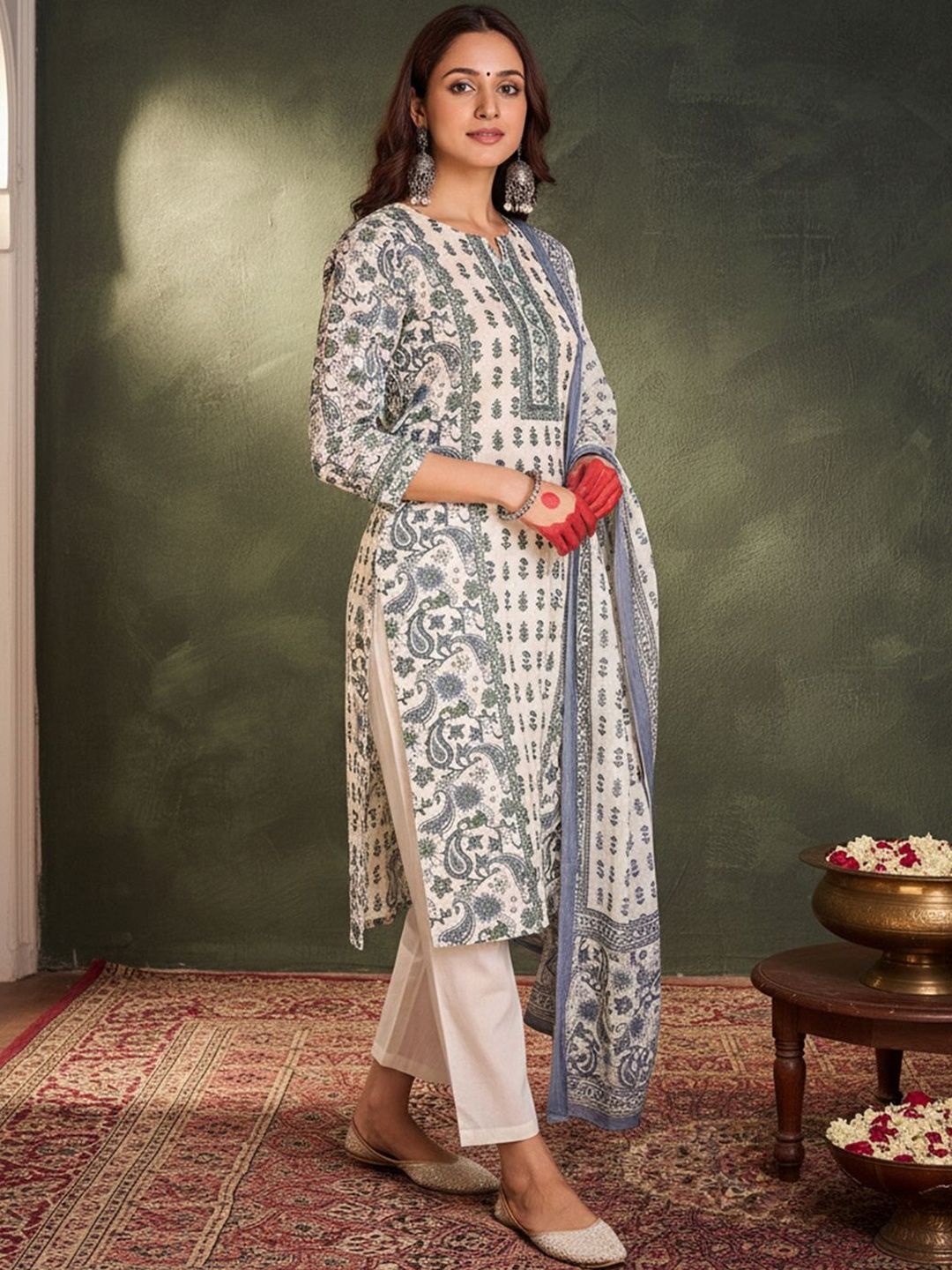 Ethnic Motifs Printed Pure Cotton Kurta With Trousers & Dupatta