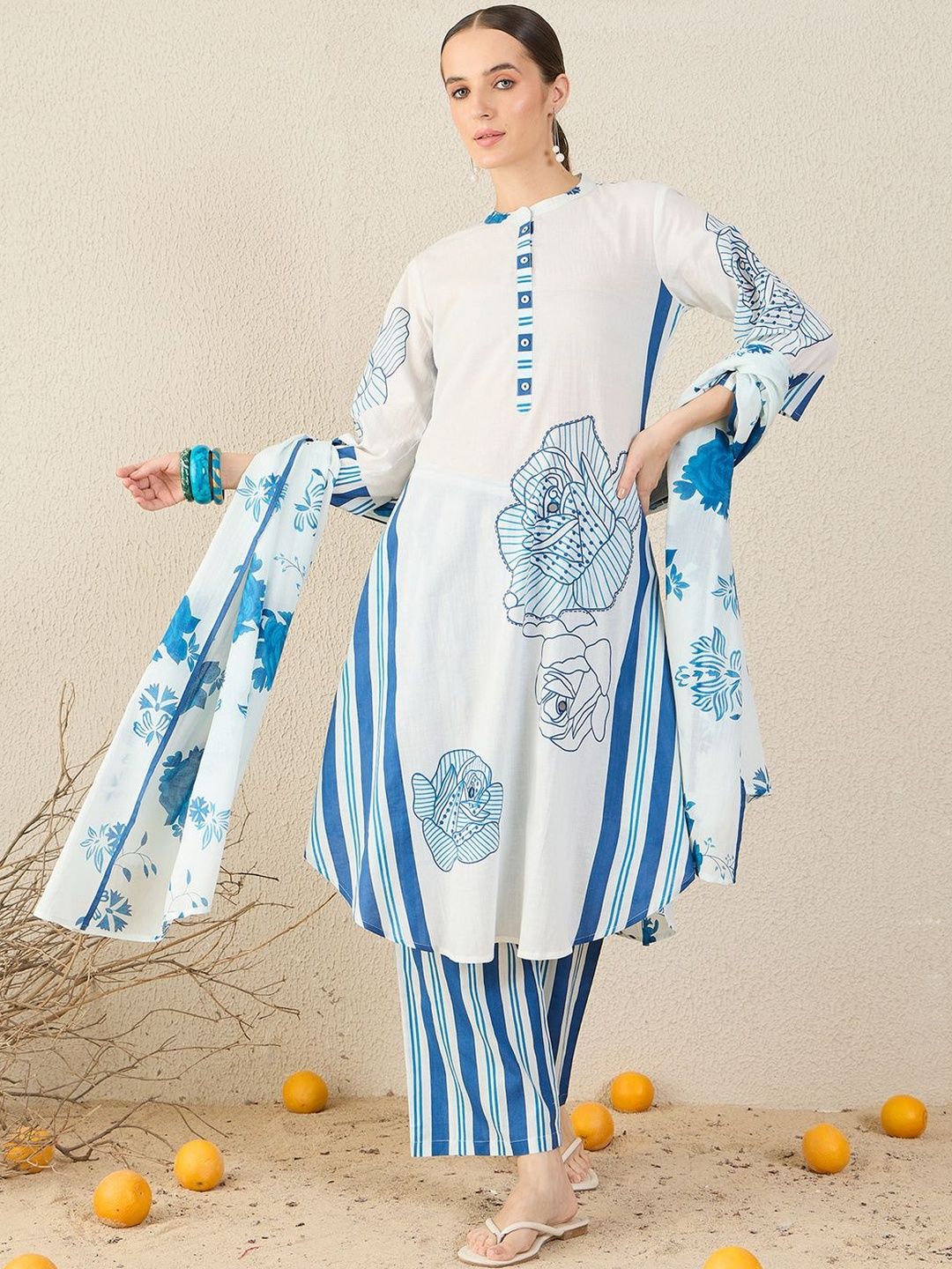 Women Floral Printed Cotton A-Line Kurta with Trousers & Dupatta