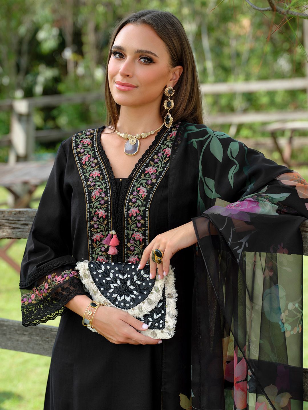 Dhiyona IE Floral Embroidered V-Neck Pure Cotton A-Line Kurta With Trousers & Dupatta