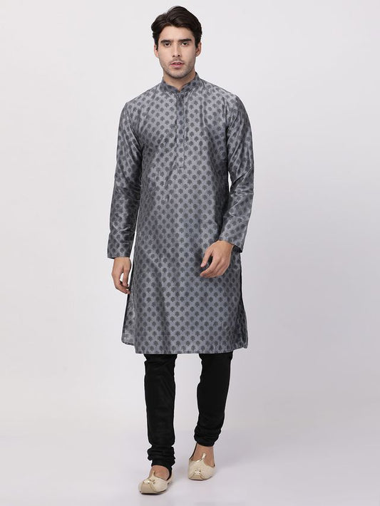 Men's Grey Cotton Blend Straight Kurta Pyjama Set