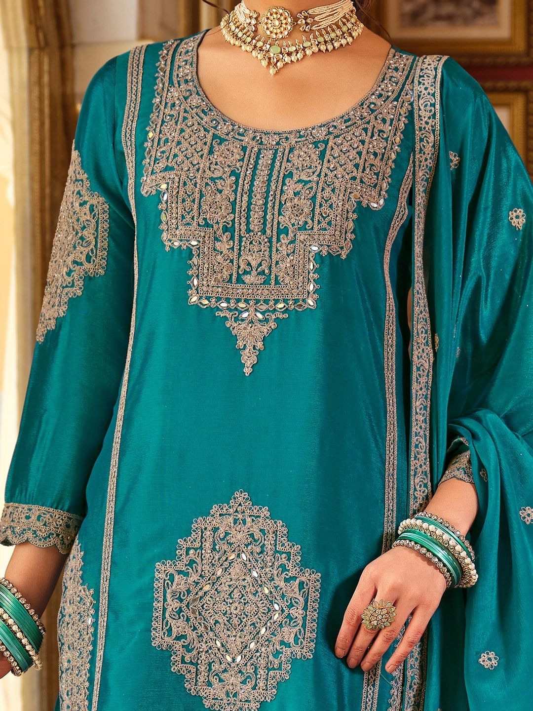 Women Ethnic Motifs Embroidered Mirror Work Kurta with Palazzos & Dupatta