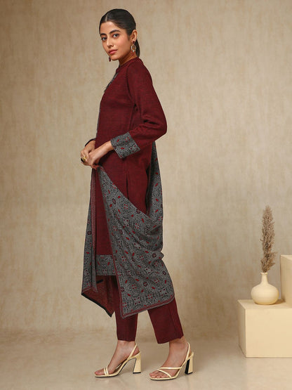 Dhiyona SO Women's Maroon Floral Woven Design Acrylic Straight Kurta With Trouser & Dupatta