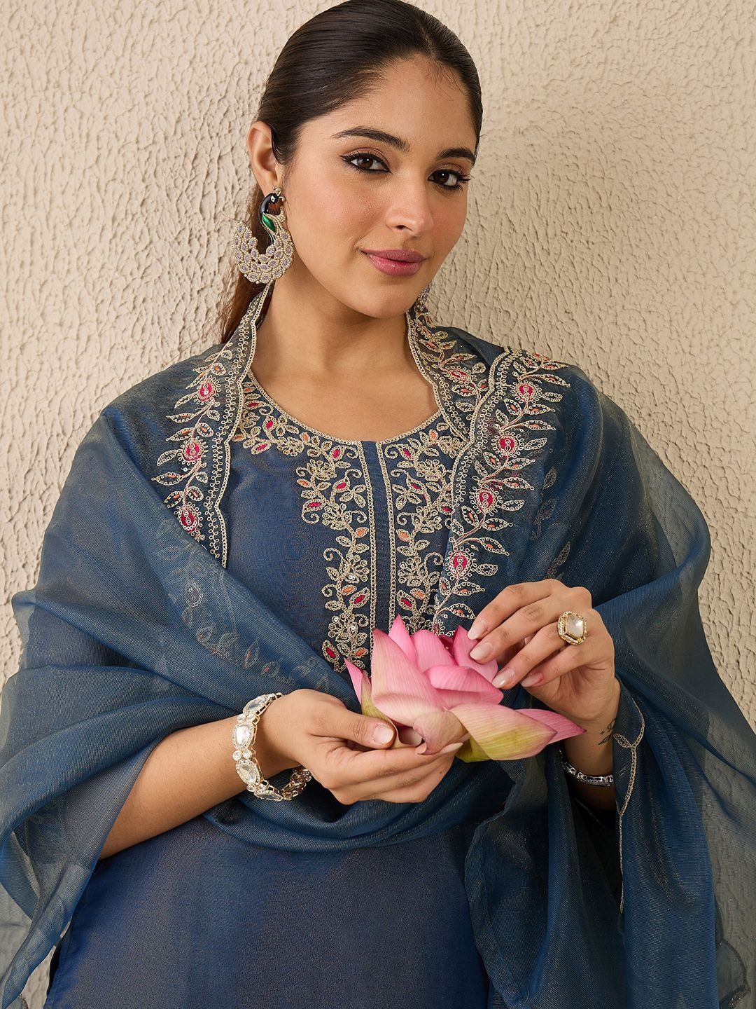 Women Ethnic Motifs Embroidered Regular Liva Kurta with Trousers & Dupatta