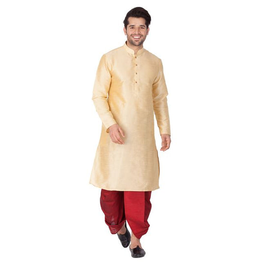Men's Gold Silk Blend Straight Kurta and Dhoti Set