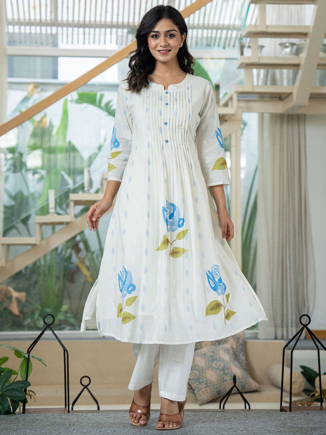 Floral Printed Mandarin Collar Pleated Pure Cotton A-Line Kurta With Trouser