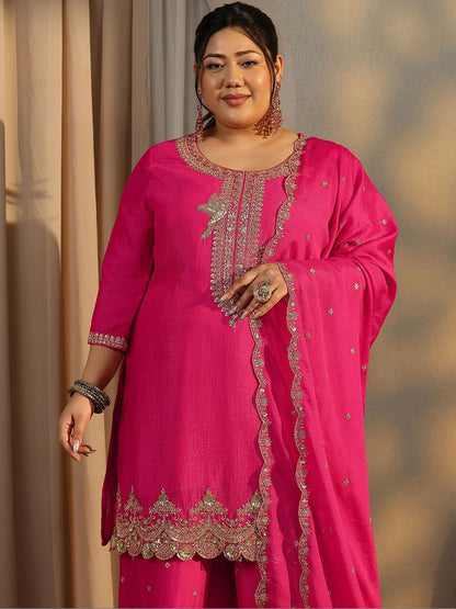 Dhiyona Women's Plus Size Ethnic Motifs Embroidered Kurta with Palazzo & Dupatta