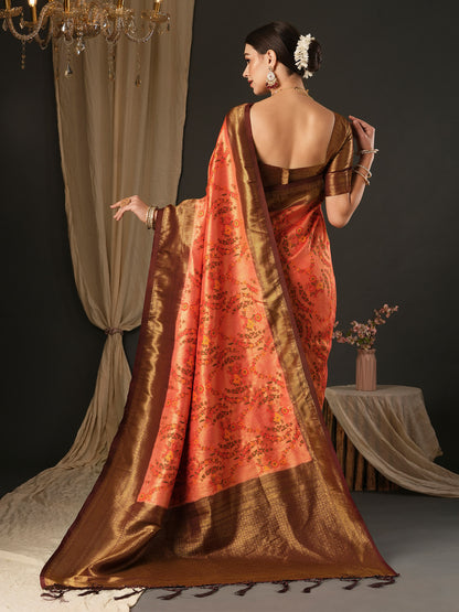 Women's Silk Blend Brown Woven Design Designer Saree With Blouse Piece