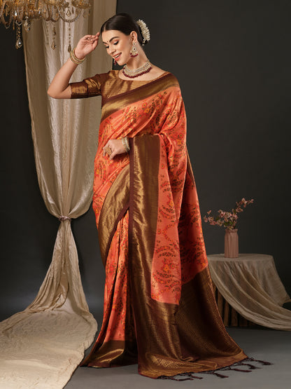Women's Silk Blend Brown Woven Design Designer Saree With Blouse Piece