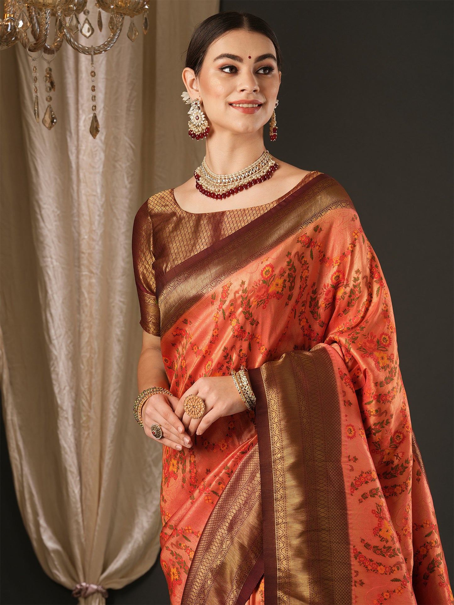 Women's Silk Blend Brown Woven Design Designer Saree With Blouse Piece