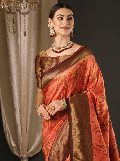 Women's Silk Blend Brown Woven Design Designer Saree With Blouse Piece