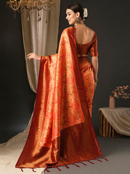 Women's Silk Blend Red Woven Design Designer Saree With Blouse Piece