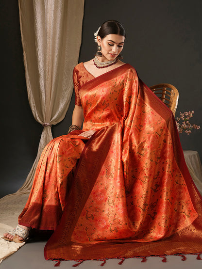 Women's Silk Blend Red Woven Design Designer Saree With Blouse Piece