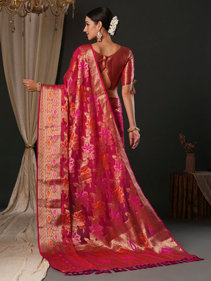 Women's Organza Pink Woven Design Designer Saree With Blouse Piece