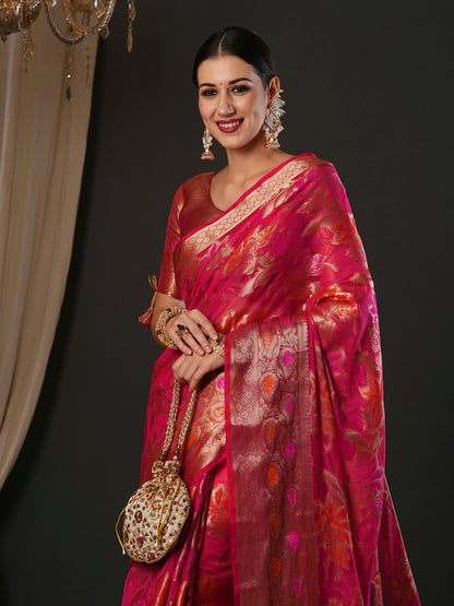 Women's Organza Pink Woven Design Designer Saree With Blouse Piece