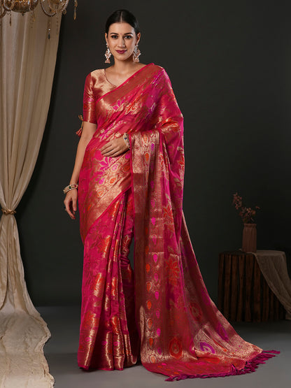 Women's Organza Pink Woven Design Designer Saree With Blouse Piece