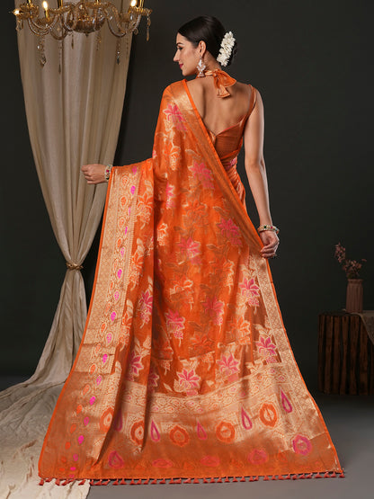 Women's Organza Orange Woven Design Designer Saree With Blouse Piece