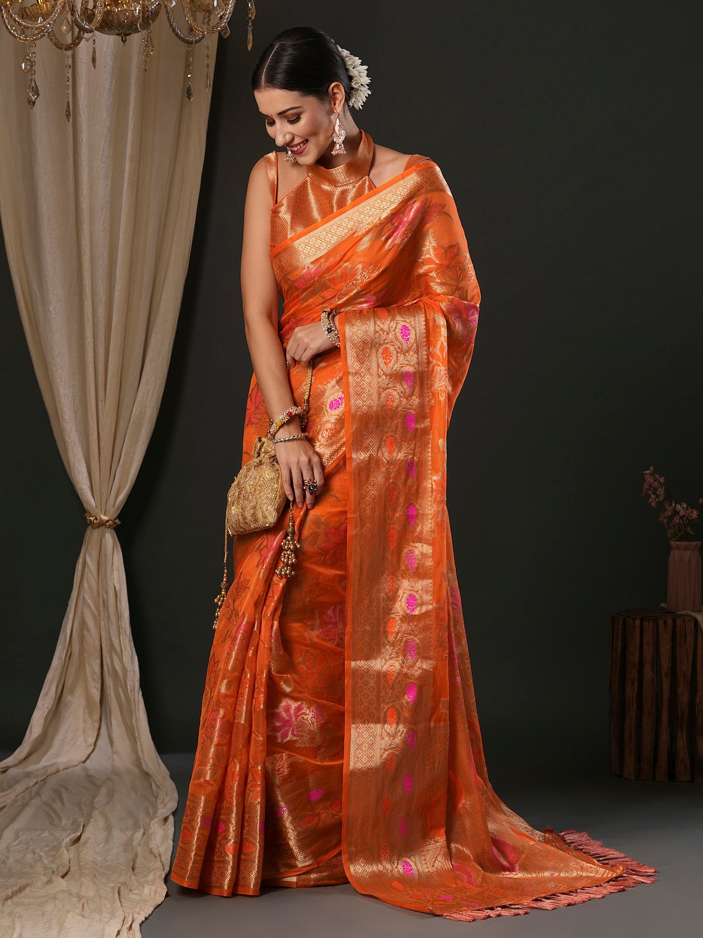 Women's Organza Orange Woven Design Designer Saree With Blouse Piece
