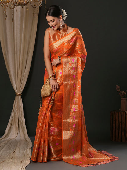 Women's Organza Orange Woven Design Designer Saree With Blouse Piece