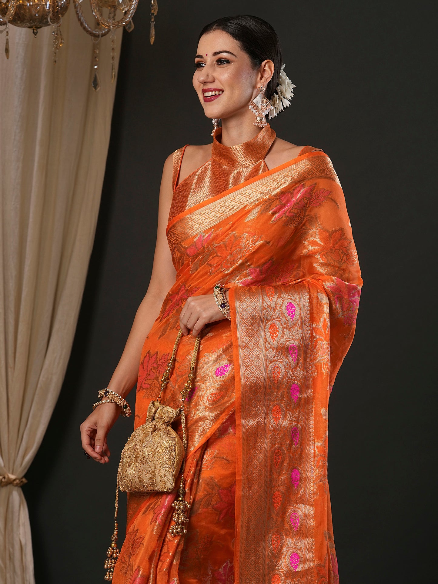 Women's Organza Orange Woven Design Designer Saree With Blouse Piece
