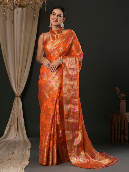 Women's Organza Orange Woven Design Designer Saree With Blouse Piece