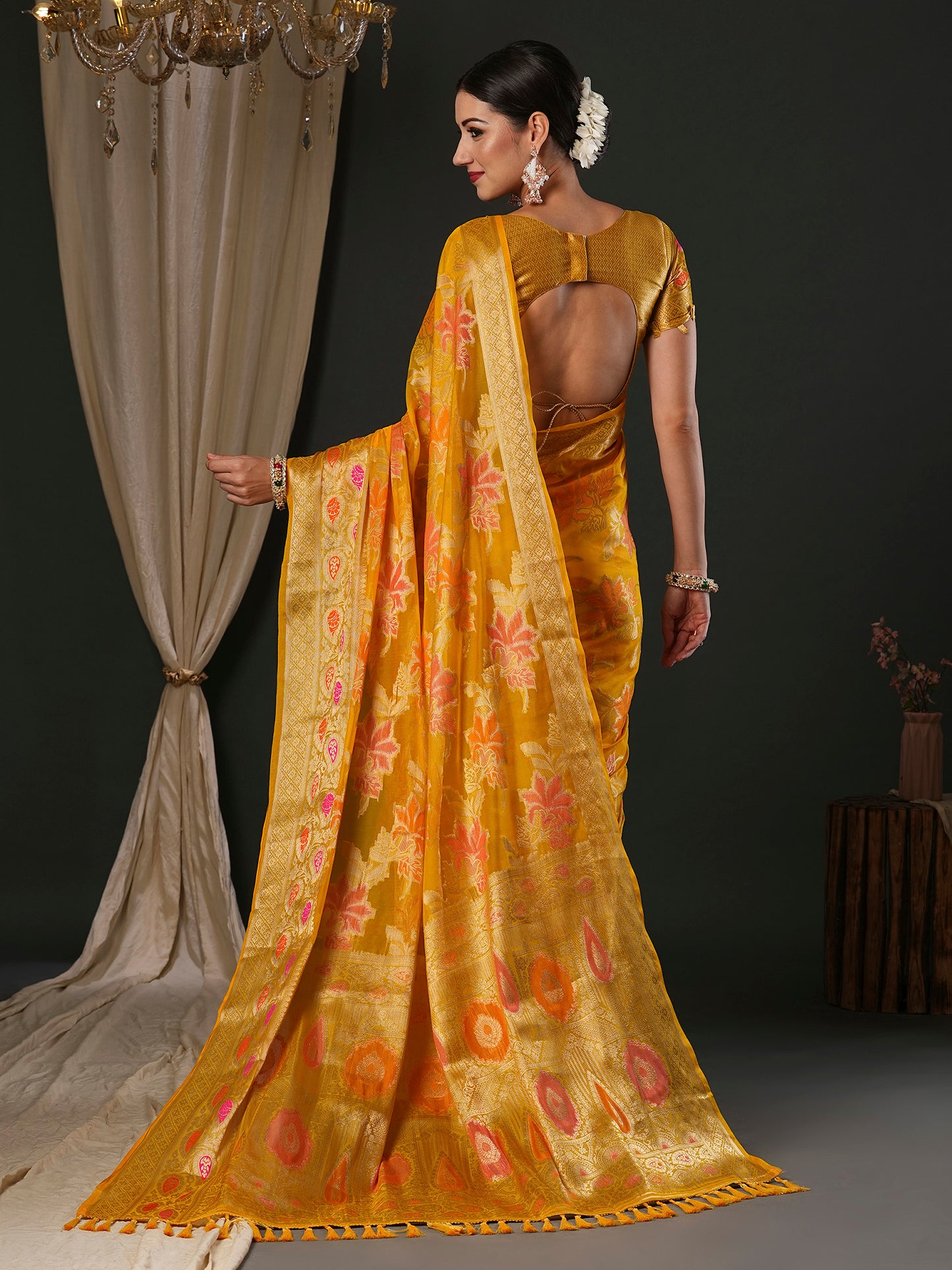 Women's Organza Yellow Woven Design Designer Saree With Blouse Piece