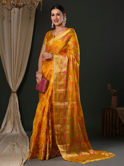 Women's Organza Yellow Woven Design Designer Saree With Blouse Piece