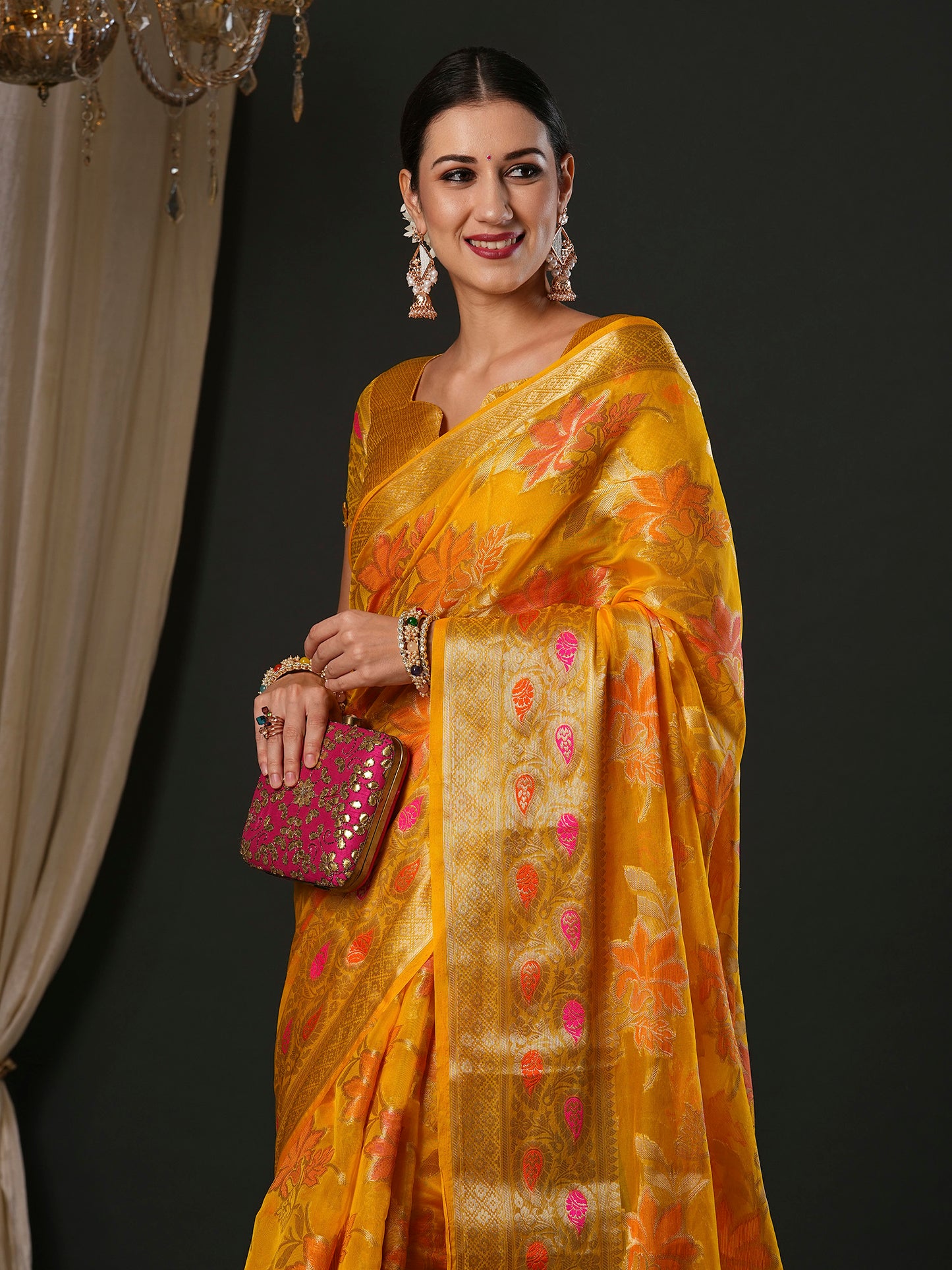 Women's Organza Yellow Woven Design Designer Saree With Blouse Piece