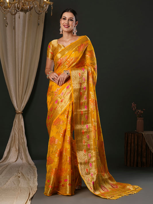 Women's Organza Yellow Woven Design Designer Saree With Blouse Piece