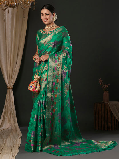 Women's Organza Sea Green Woven Design Designer Saree With Blouse Piece