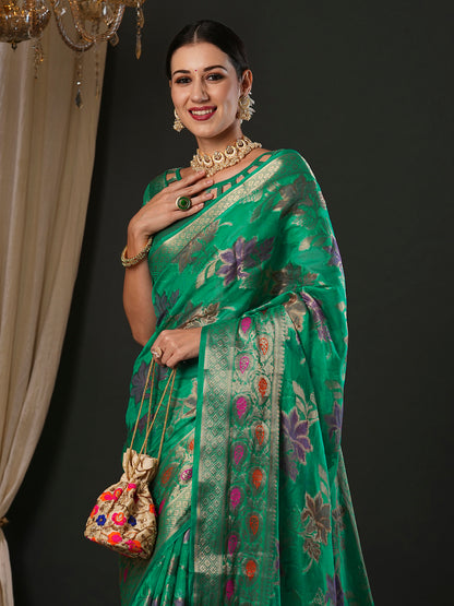 Women's Organza Sea Green Woven Design Designer Saree With Blouse Piece
