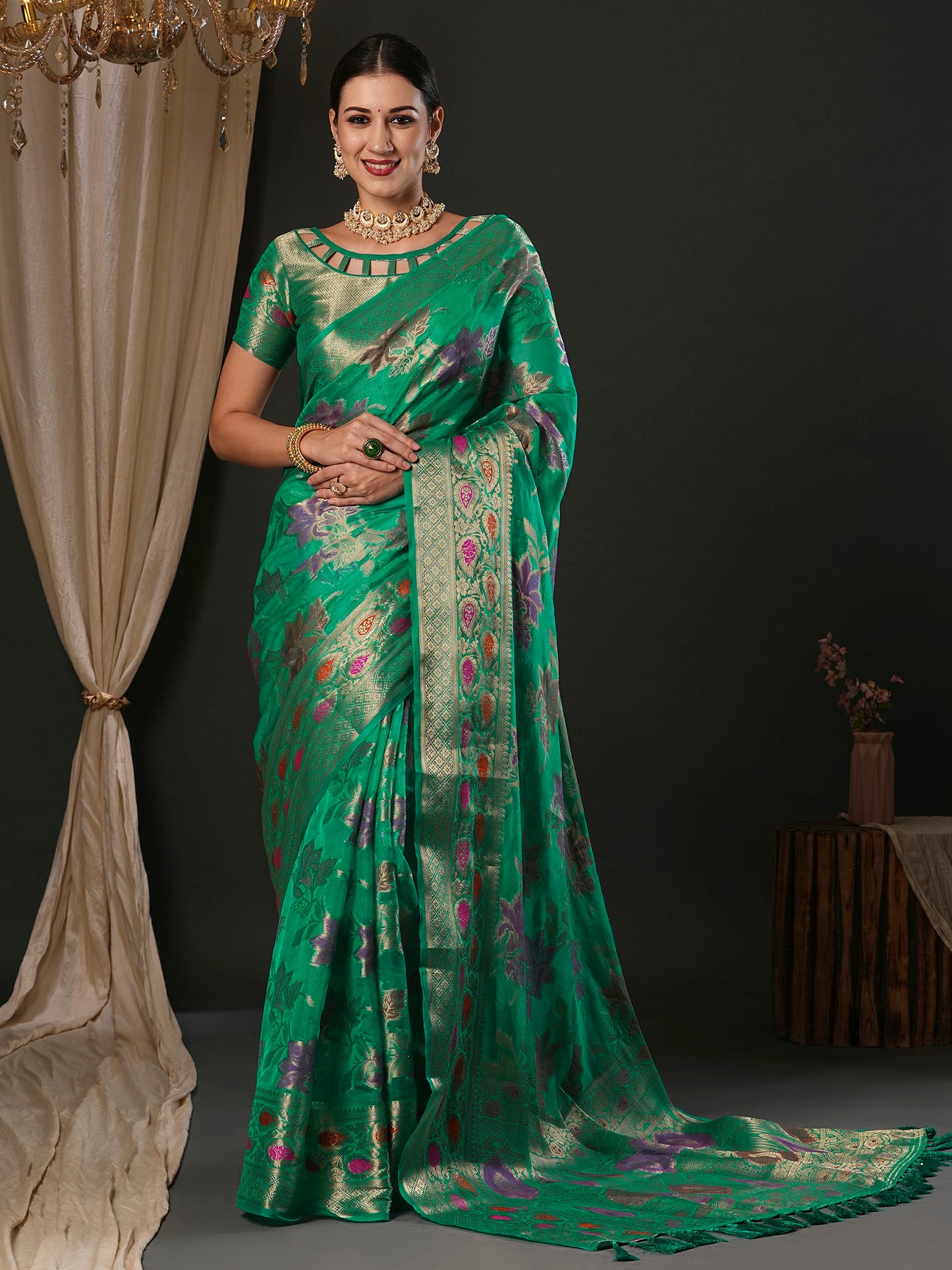 Women's Organza Sea Green Woven Design Designer Saree With Blouse Piece