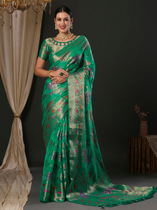 Women's Organza Sea Green Woven Design Designer Saree With Blouse Piece