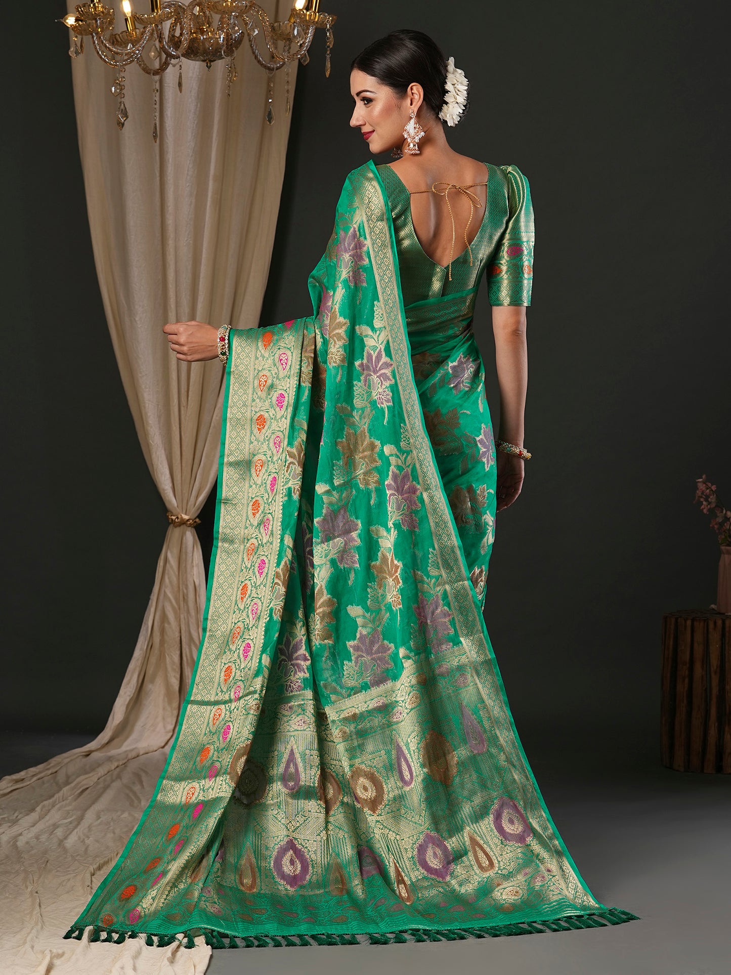 Women's Organza Turquoise Woven Design Designer Saree With Blouse Piece