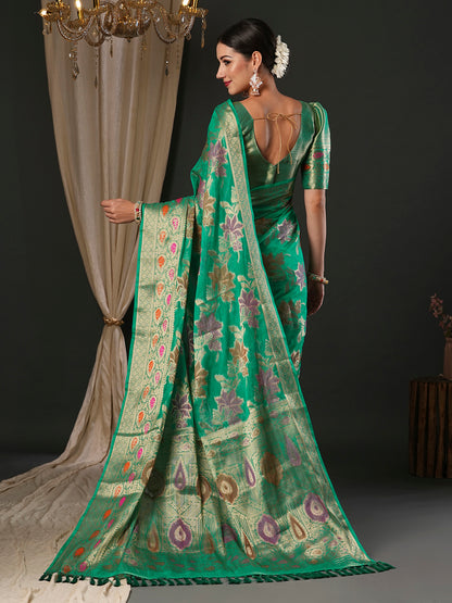 Women's Organza Turquoise Woven Design Designer Saree With Blouse Piece