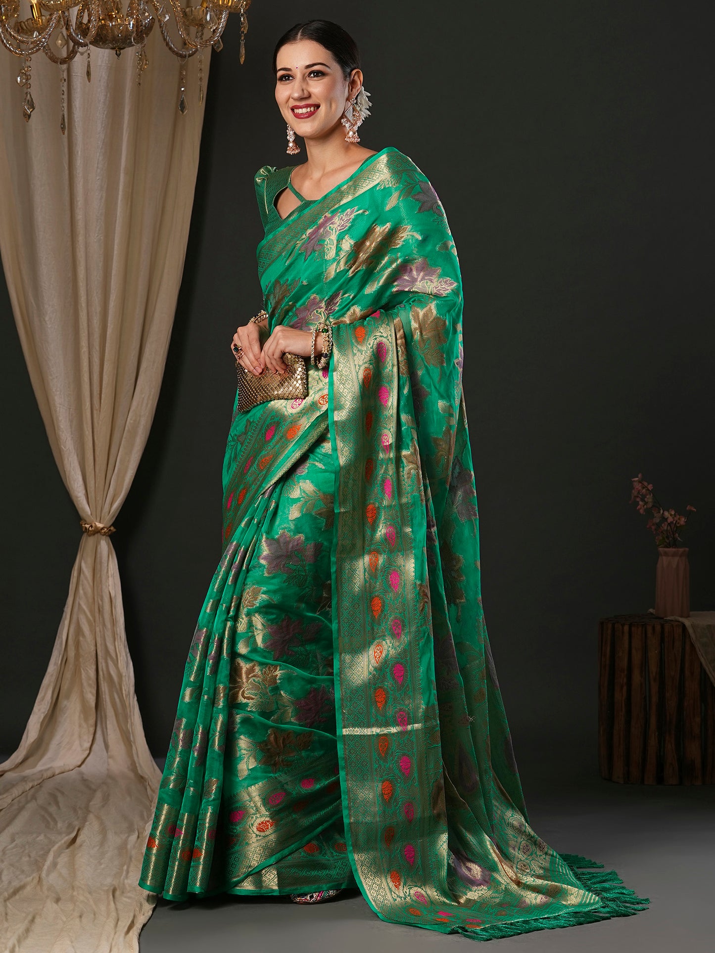 Women's Organza Turquoise Woven Design Designer Saree With Blouse Piece