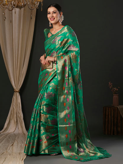 Women's Organza Turquoise Woven Design Designer Saree With Blouse Piece