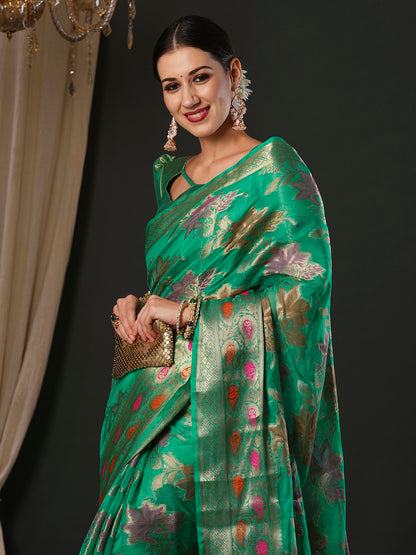 Women's Organza Turquoise Woven Design Designer Saree With Blouse Piece