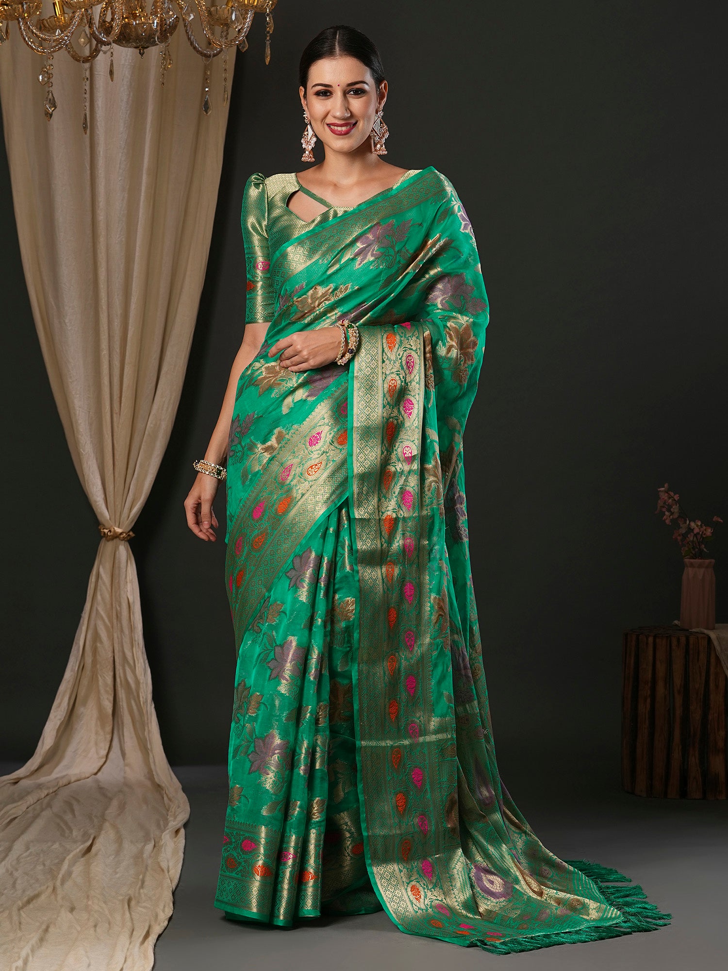 Women's Organza Turquoise Woven Design Designer Saree With Blouse Piece