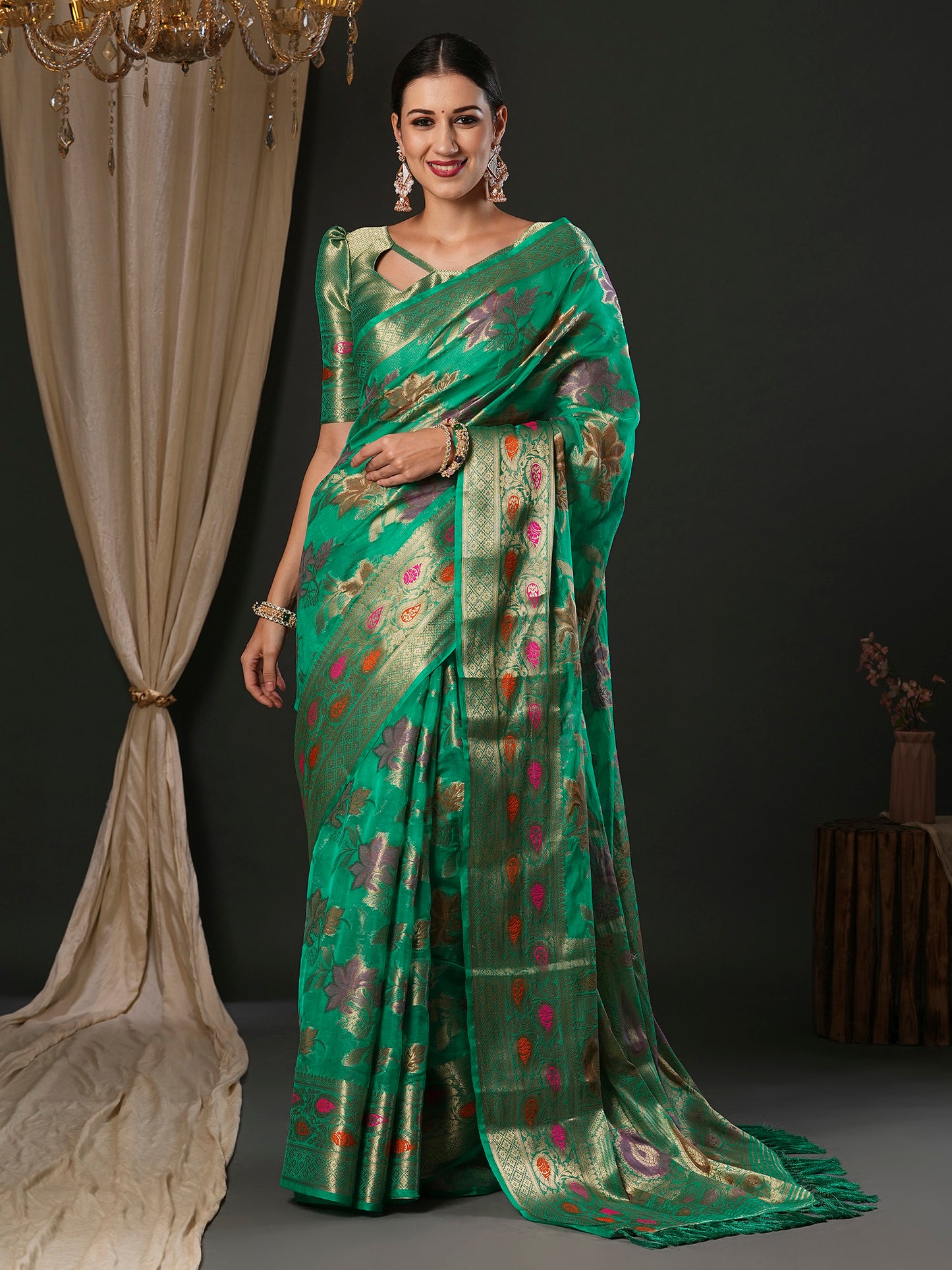 Women's Organza Turquoise Woven Design Designer Saree With Blouse Piece