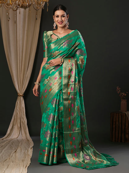 Women's Organza Turquoise Woven Design Designer Saree With Blouse Piece