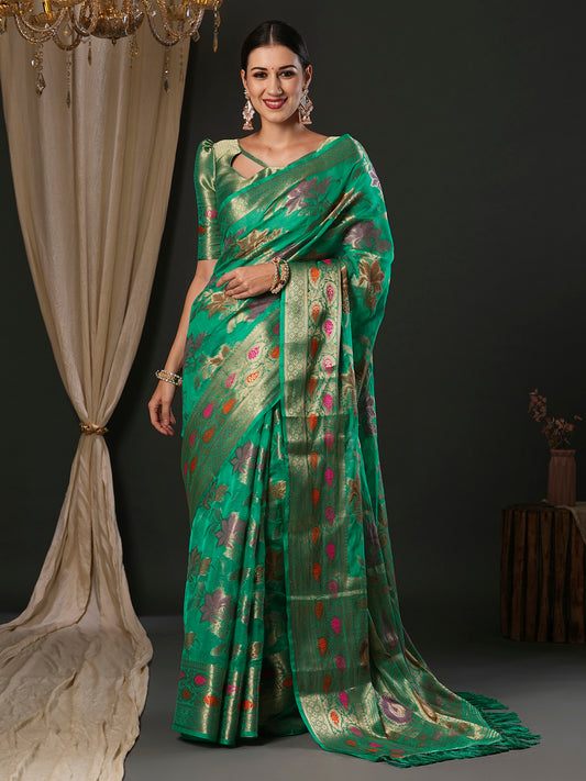 Women's Organza Turquoise Woven Design Designer Saree With Blouse Piece