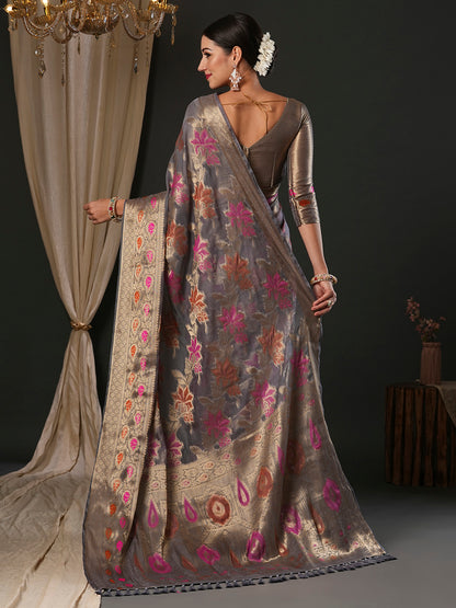 Women's Organza Grey Woven Design Designer Saree With Blouse Piece