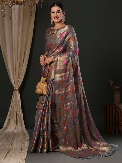 Women's Organza Grey Woven Design Designer Saree With Blouse Piece