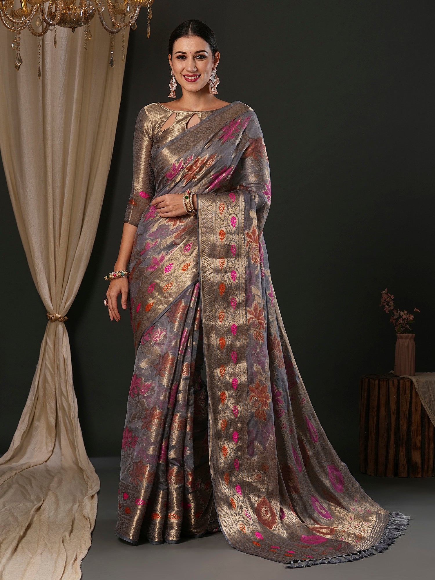 Women's Organza Grey Woven Design Designer Saree With Blouse Piece
