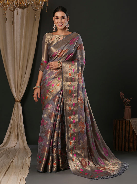 Women's Organza Grey Woven Design Designer Saree With Blouse Piece